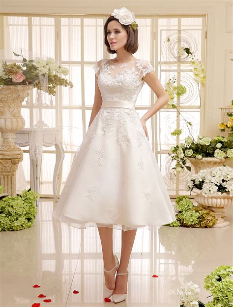 Short Wedding Dress Ivory Lace Up Vintage A Line Tea Length Bridal
