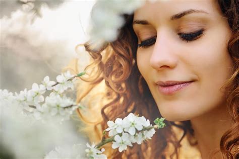 Beautiful Woman Flower Girl Attractive Close Up Outside Joyful Spring Feeling Relax