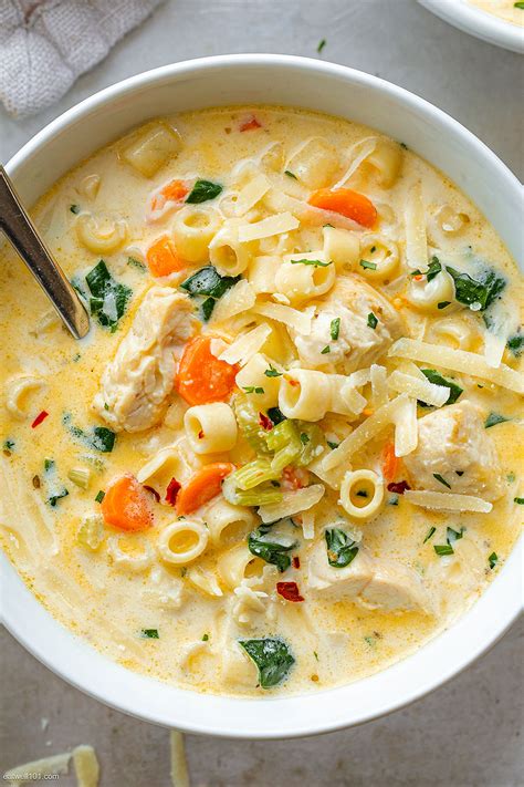 Creamy Chicken Pasta Soup Recipe With Carrot And Spinach Best Chicken Soup Recipe — Eatwell101