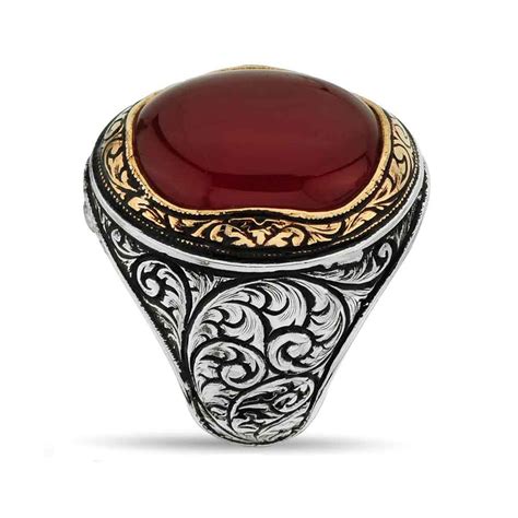 Red Agate Silver Men Ring