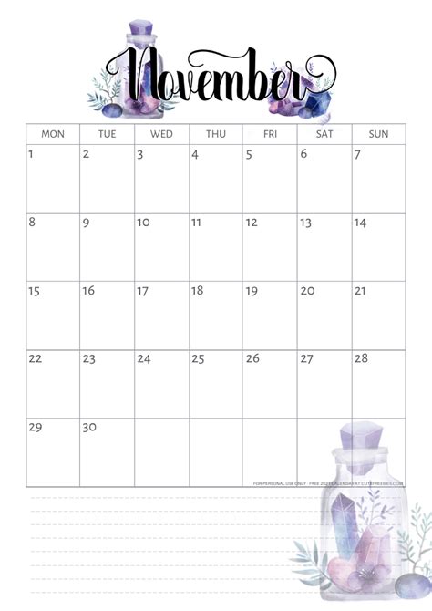 november  calendar printable crystals cute freebies