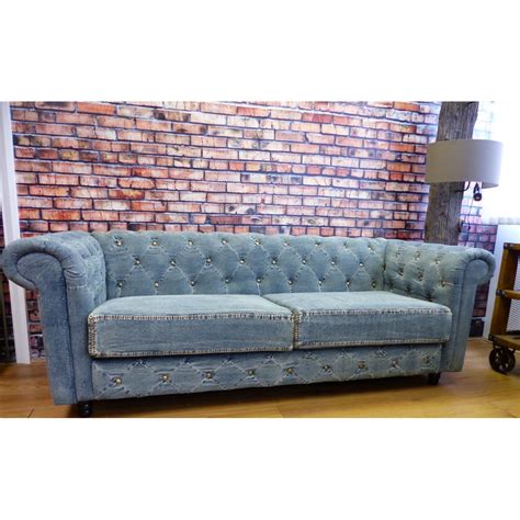 Surefit denim with sherpa fleece chair furniture cover, indigo. Blue Denim Chesterfield Sofas | Blue Vintage Couch Made from Jeans