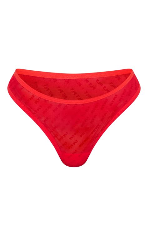 Plt Red Flock Mesh High Waisted Thong Prettylittlething Sa