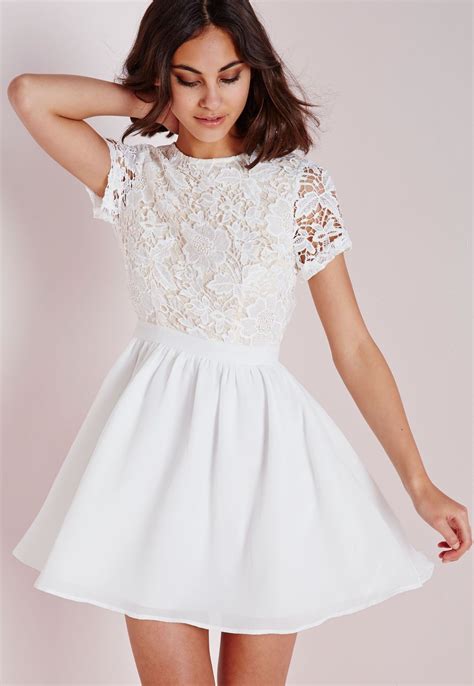 Missguided Lace Short Sleeve Skater Dress White Nude Fall Winter