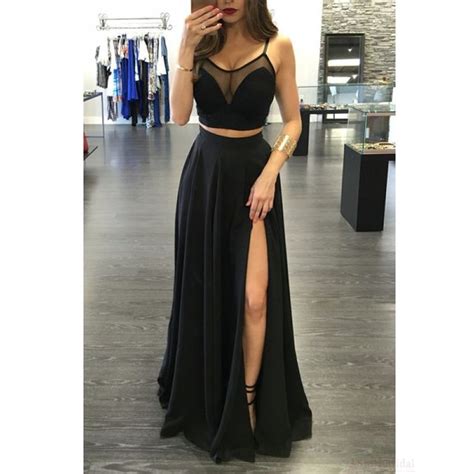 elegant 2017 sexy two pieces black split long evening dresses spaghetti straps a line gown