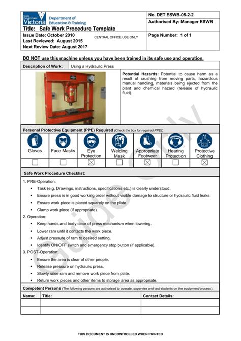 Safe Work Procedure Template Free Printable Templates