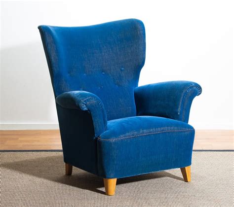 1930-1940 Scandinavian Royal Blue Velvet Wingback Chair ... Velvet futon , floor mattress, quilt cushion, chair sofa tufted, floor cushion ,mustard gold, ochre, guest mattress.