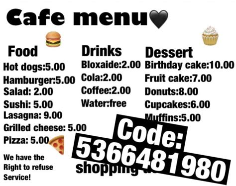 Bloxburg Cafe Menu Decal Cafe Menu Bloxburg Decal Codes Store Names