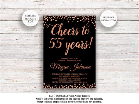 Editable 55th Birthday Invitation Cheers To 55 Years Black Etsy
