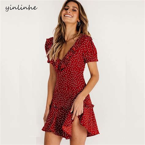 Yinlinhe Red Polka Dot Summer Dress Short Sleeve Lace Up Sexy Women