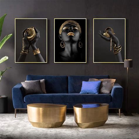 Black And Gold Hand African Nude Contemplator Woman Oil Painting On