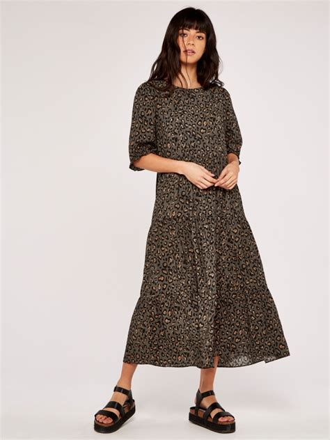 Download Khaki Animal Print Tiered Smock Midi Dress | Apricot