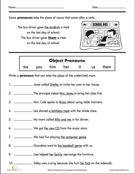 Object Pronouns Worksheet 1st Grade