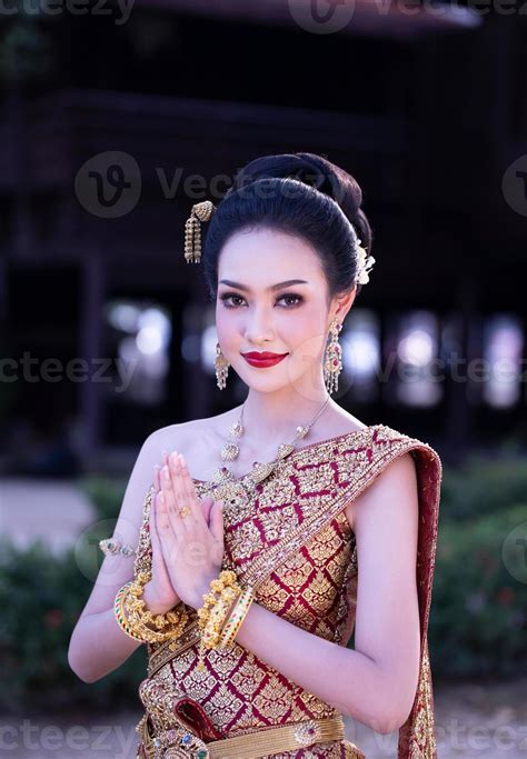 Asia Woman Wearing Traditional Thai Dressthe Costume Of The National Dress Of Ancient Thailand
