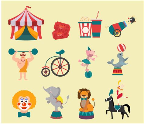Circus Design Elements With Flat Colored Style Illustration Free Vector