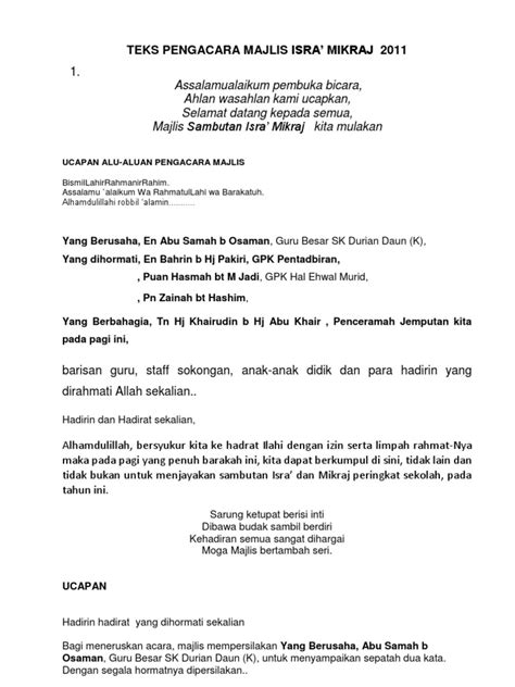 Yang diraikan tuan haji abdullah bin mohd. Teks Pengacara Majlis Isra' Dan Mikraj