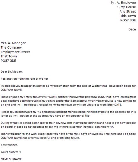 Cover letter examples in different styles, for multiple industries. Waiter Resignation Letter Example - icover.org.uk