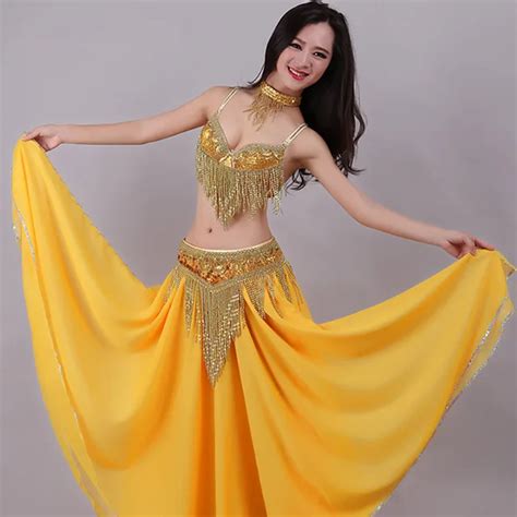 Sexy Belly Dance Costume For Ladies Yellow Sliver Bra Belt High Quality Suit Elastic Women
