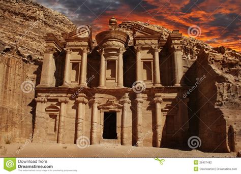 Facade Of Monastery At Petra Jordan Stock Photo Image Of Mask Lotus