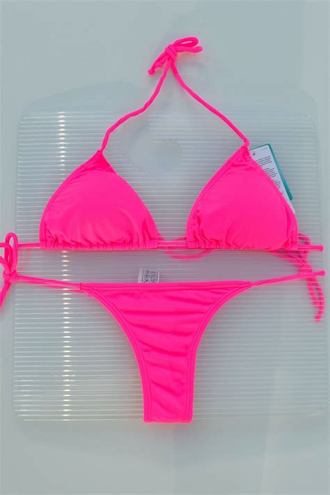 Hot Pink Piece Set Triangle Top Side Tie Thong Side Tie Scrunch