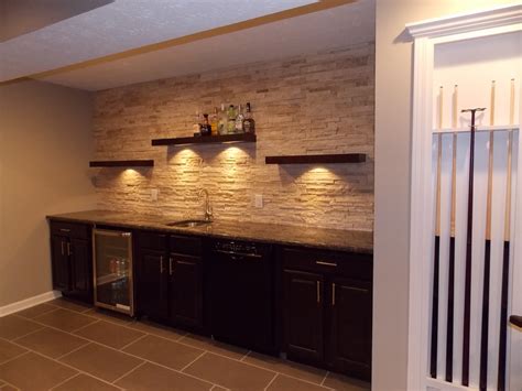 Cmh Builders Wet Bar With Floating Shelves On Stacked Stone Wall