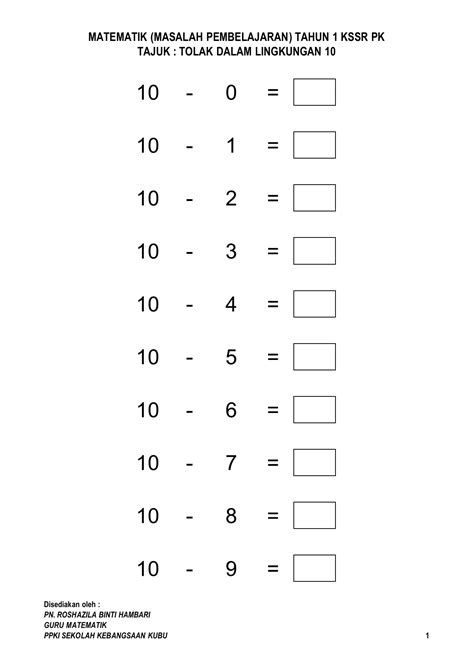 Latihan Matematik Tolak Tahun 1 1 Hattie Parks