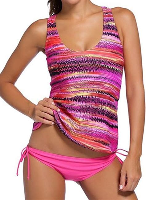 Crazycatz Women Loose Fit Sporty Lined Up Double Up Tankini Sets Top Short Swimwear Xl Uk