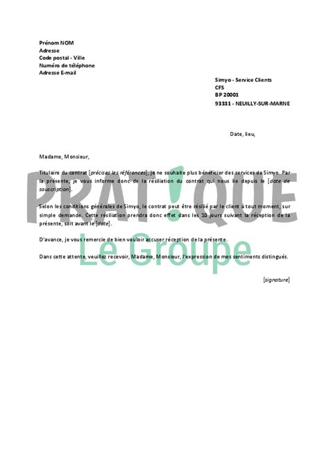Résilier en ligne télécharger le document. Lettre de résiliation Simyo | Pratique.fr