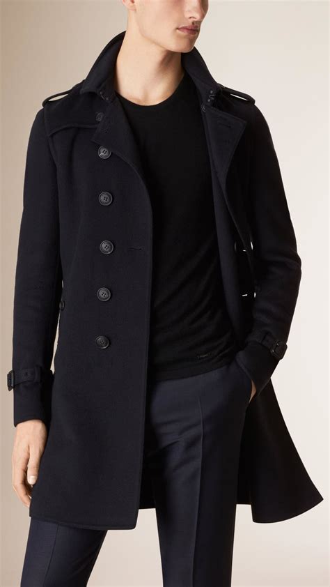 Burberry Leather Trim Cashmere Wool Trench Coat In Navy Blue For Men