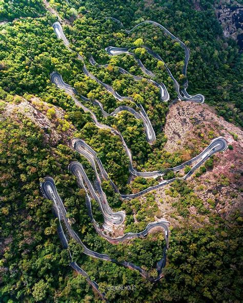 An Aerial View Of A Winding Road In The Middle Of A Forest With Trees