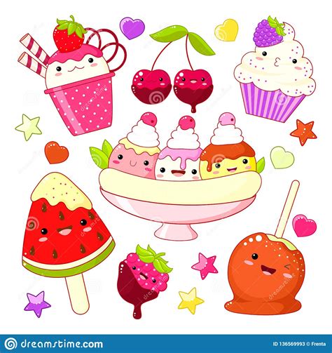 Set Of Cute Sweet Icons In Kawaii Style Stock Vector Illustration Of