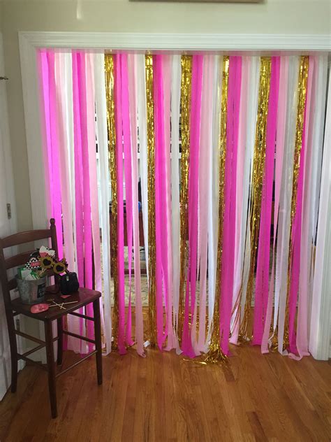 Pink White And Gold Streamers Used For Photo Booth Backdrop At A Bachelor Pink Bachelorette