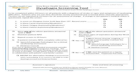 Patient Label Here All Sites Dysphagia Screening Tool · Is Score On