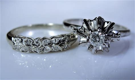 Bridal Ring Set Art Deco Wedding Rings 14K White Gold Engagement