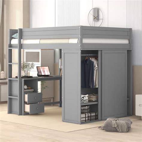 Harper And Bright Designs Gray Full Size Wood Loft Bed With Wardrobe 2