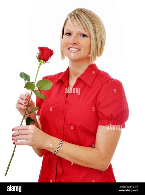 Blond Girl Holding Red Rose Isolated On White Background Stock Photo