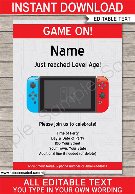 nintendo switch party printables invitations