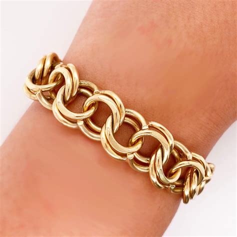 Wide Charm Bracelet With Double Loop Wide 14 Karat Solid Gold Loop