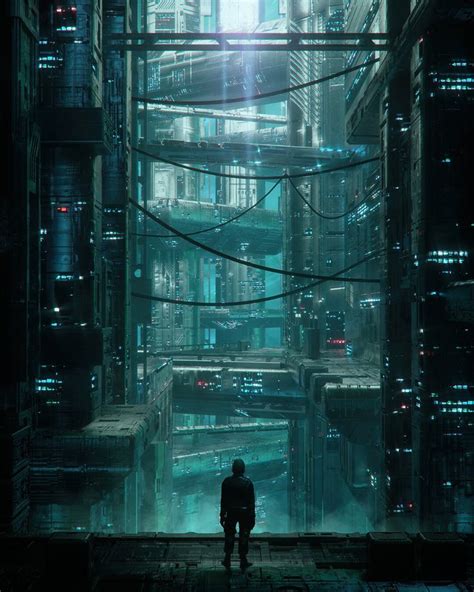 A Man Standing In The Middle Of A City With Lots Of Tall Buildings At Night