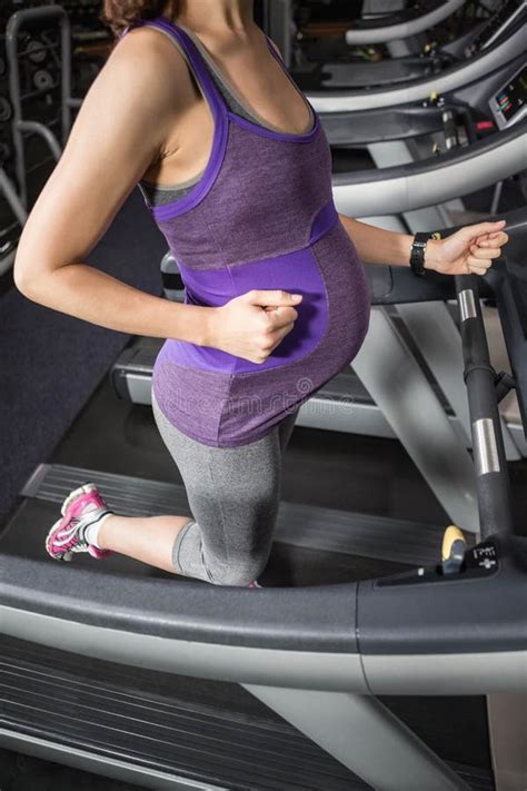 Mid Section Pregnant Woman Running Treadmill Stock Photos Free