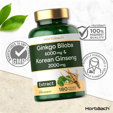 Ginkgo Biloba 6000mg And Korean Panax Ginseng 2000mg 180 Vegan Tablets High Strength Non Gmo