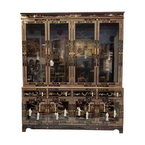 Black China Cabinet Mother Of Pearl Inlaid With Pagoda Lady Design In