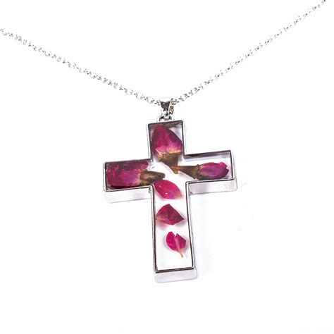 New Natural Real Dried Flower Cross Glass Pendant Necklace Women