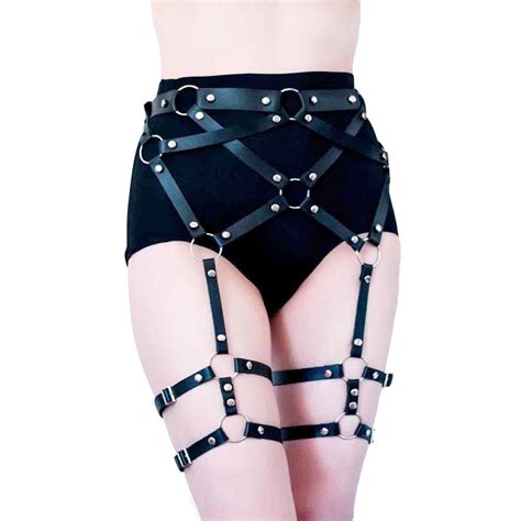 Sexy Lingerie Women Pu Leather Leg Harness Caged Waist Belts With Garter Belt For Hot Pants
