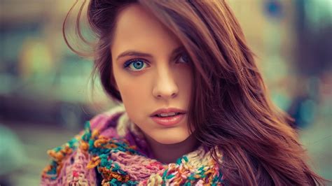 Blonde Blue Eyes Girl Model Is Wearing Colorful Muffler In Blur Background Hd Girls Wallpapers