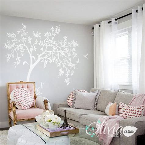 Large White Nursery Tree Wall Decal With Flowers Birds And Etsy Uk