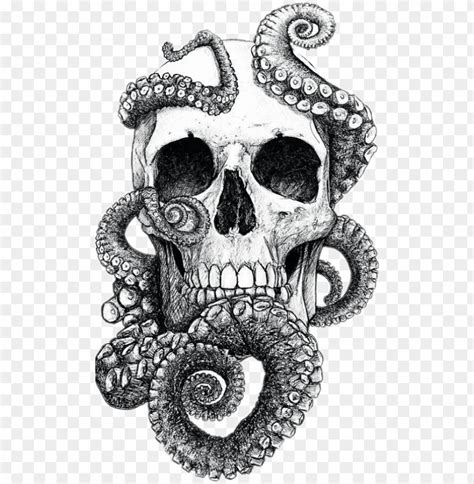 Blackandwhite Skull Tentacles Tattoo Tattooart Skulls Skull And Octopus Tattoo PNG Image With