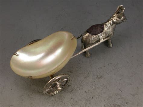 Edwardian Novelty Silver Donkey Pulling A Cart Pin Cushion By Spurrier