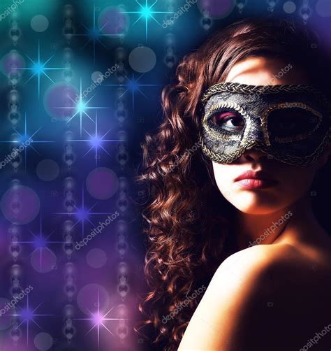 Beautiful Girl With Masquerade Mask On Lights Background Stock Photo By Belchonock