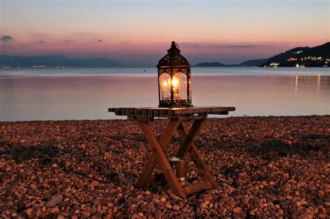 Decorative Beach Lantern At Dusk Stock Image Image Of Beach Stones